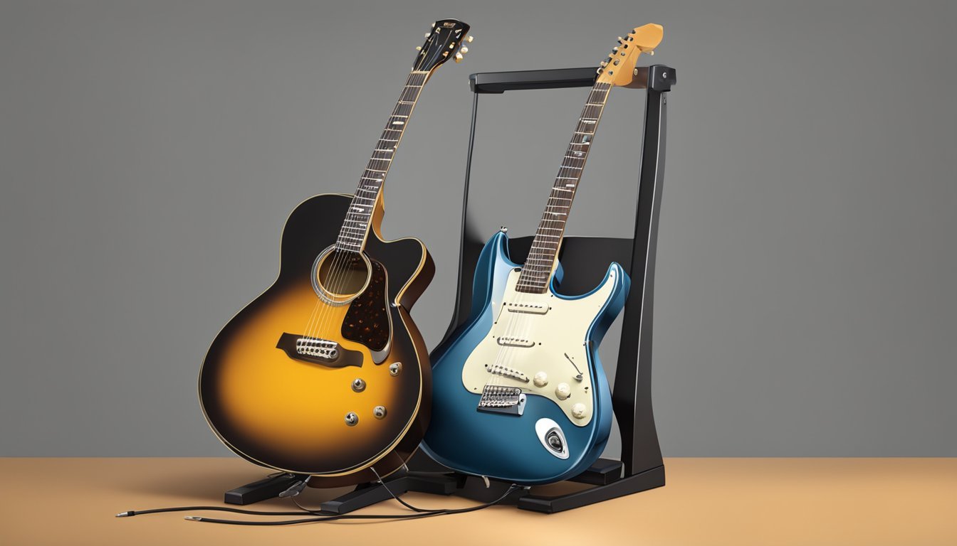 A guitar with a pickup attached, resting on a stand