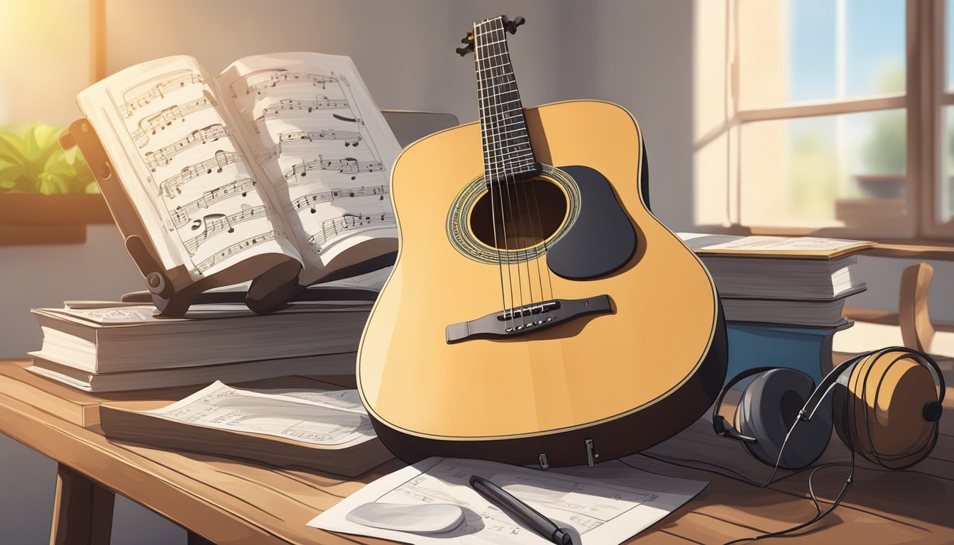 Acoustic guitar, sheet music, books, and headphones on a wooden table