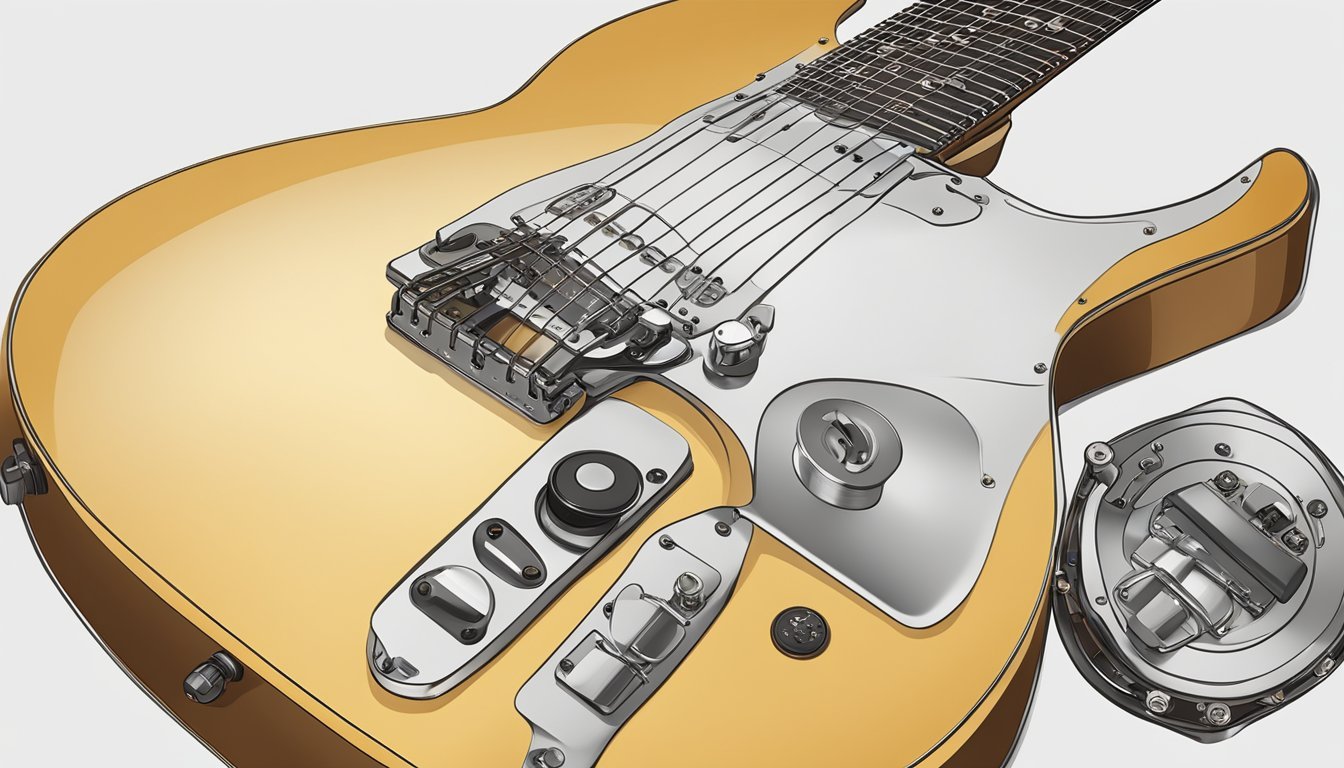 A guitar with a pickup installed, showing the electronic components inside the sound hole