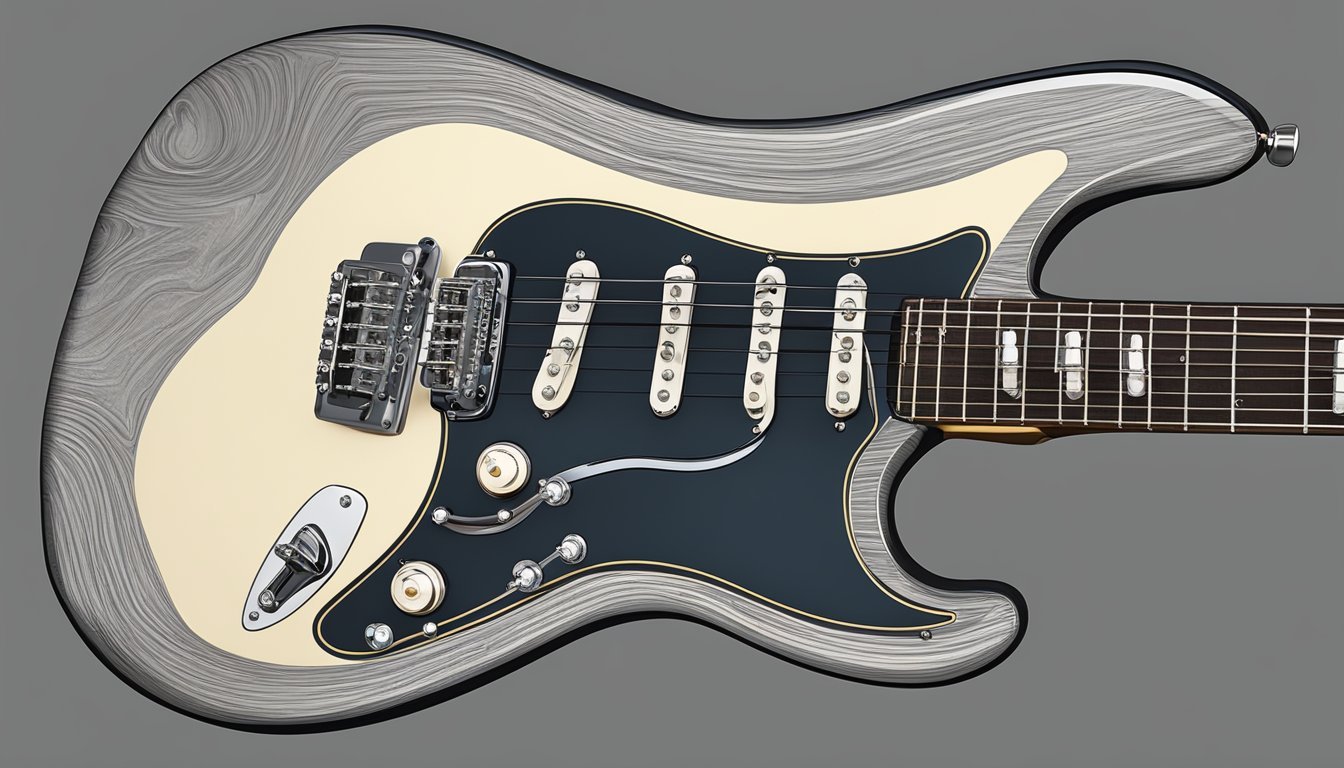 Close-up of a custom electric guitar with a unique wood grain finish
