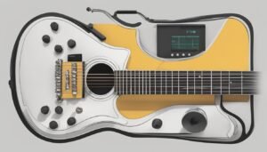 Modern, stylized acoustic guitar with a built-in screen and black accents