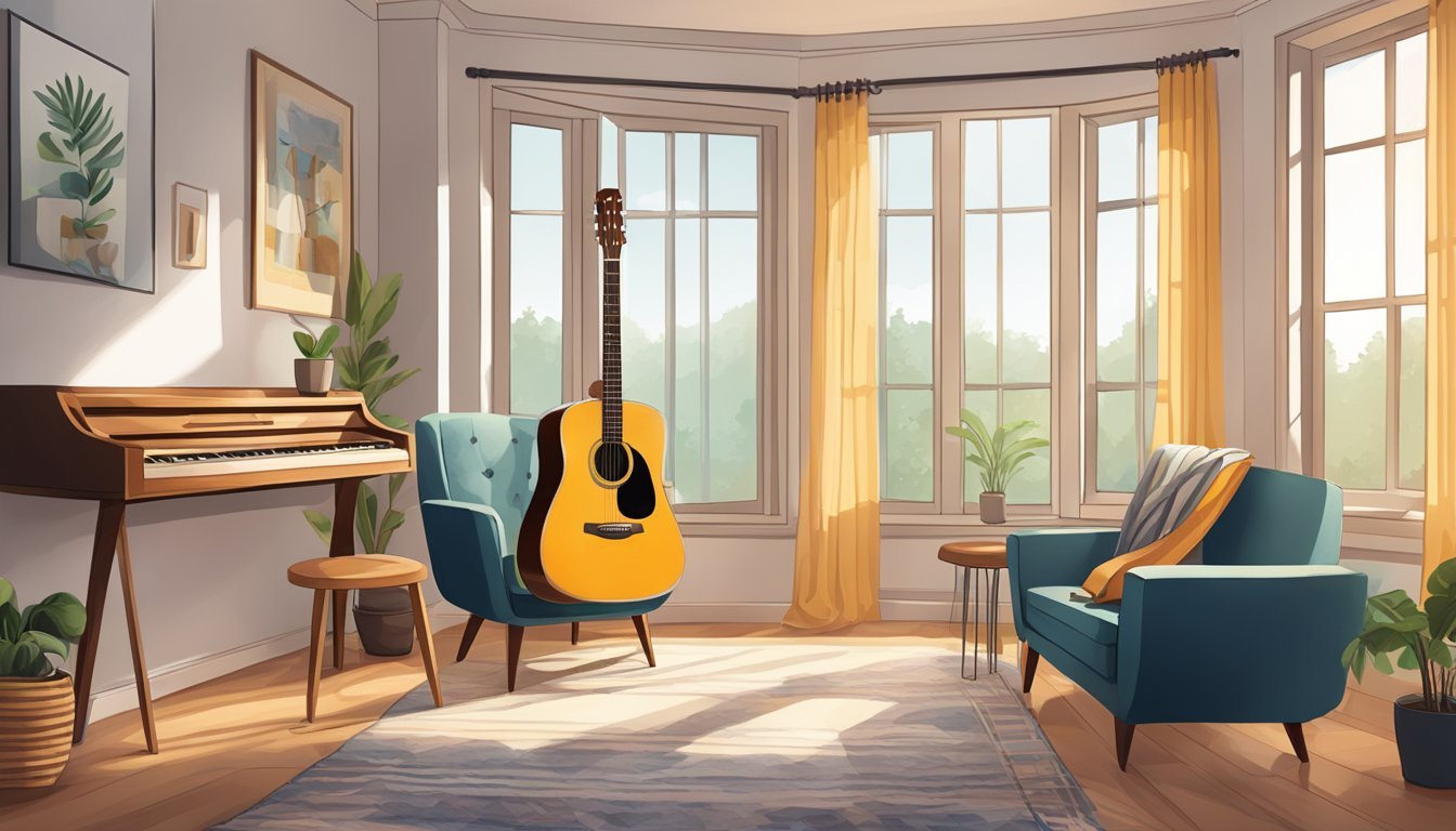 Cozy room with guitar, piano, blue chairs, and large windows