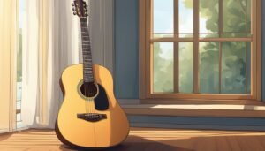 Acoustic guitar leaning against a wall next to a window