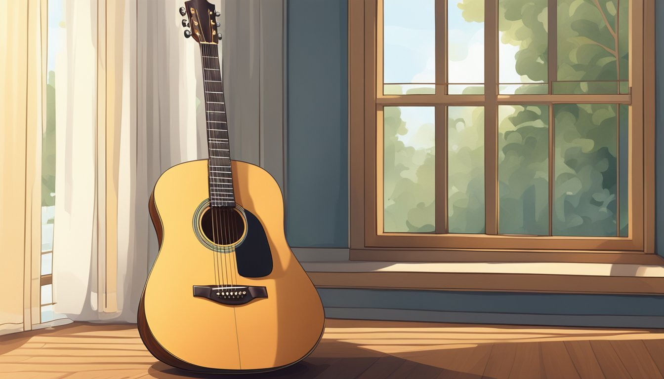 Acoustic guitar leaning against a wall next to a window