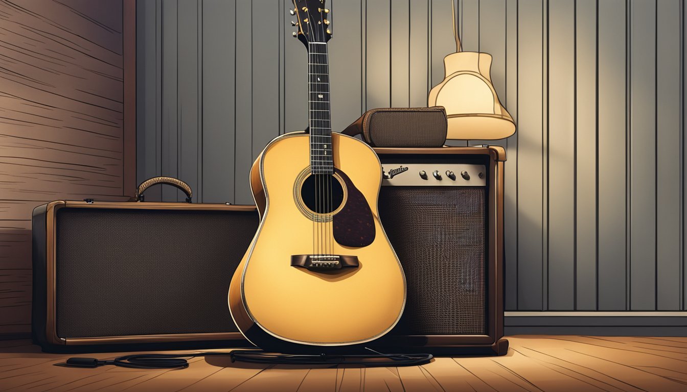 A vintage guitar sitting on a cushioned display stand in a dimly lit room