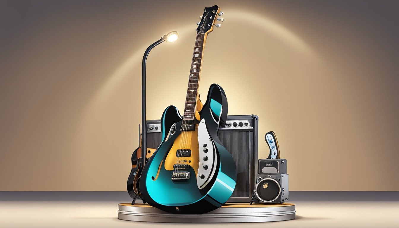 A guitar sitting on a stand, surrounded by a spotlight, with a price tag and a brand logo displayed prominently