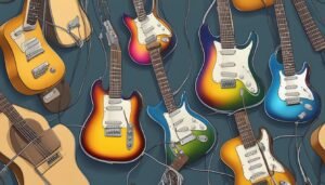 Colorful electric guitars with cords on a dark blue background