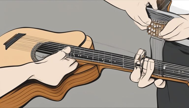 Two hands playing a multi-stringed guitar, close-up illustration