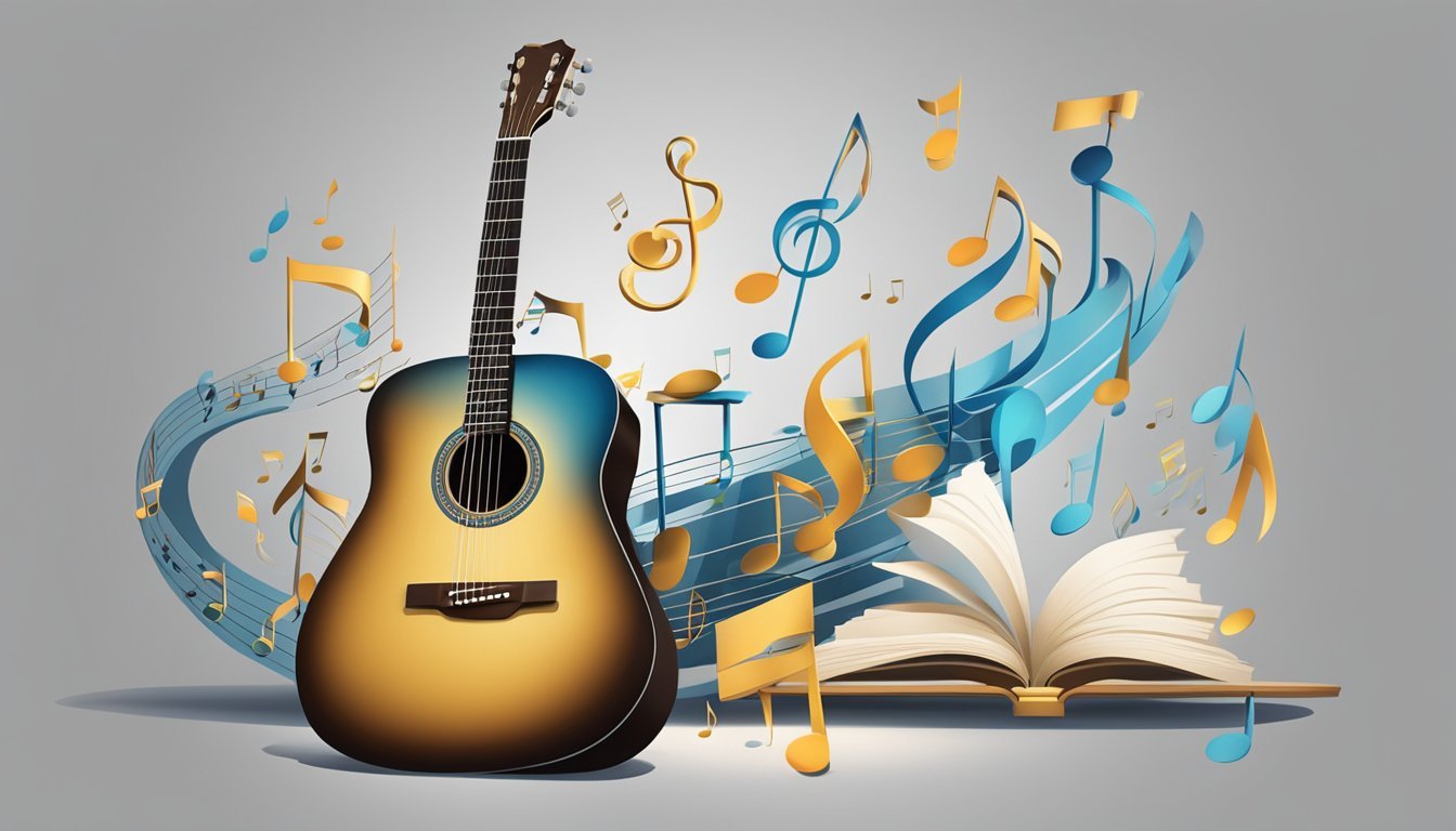 Acoustic guitar with musical notes and open book on a gray background