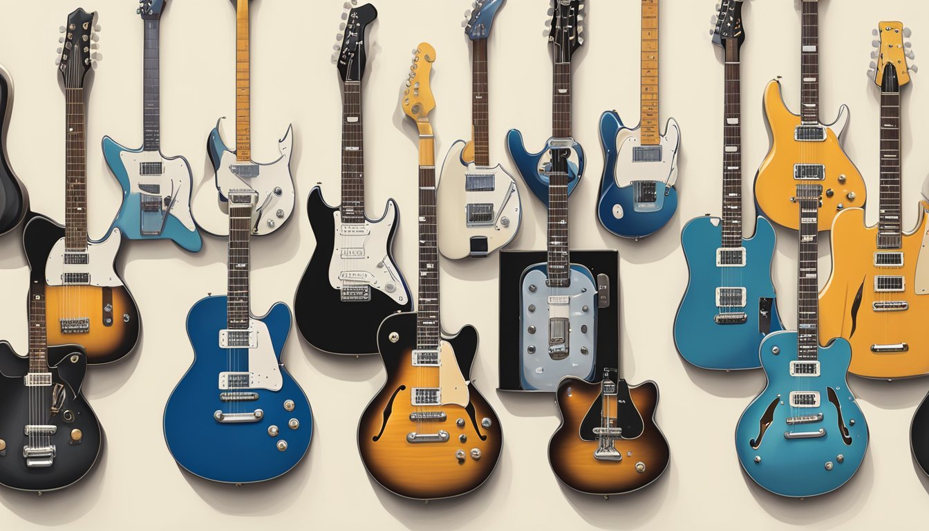 Collection of electric guitars in various colors and styles, hanging on a wall