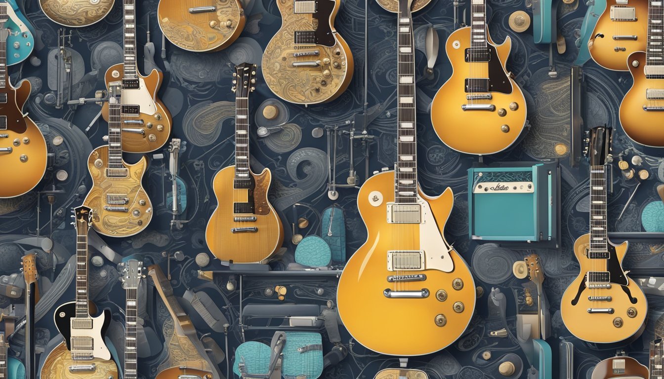 A Gibson Les Paul guitar resting on a sleek, modern display stand, surrounded by various high-quality guitar accessories and a backdrop of intricate guitar designs