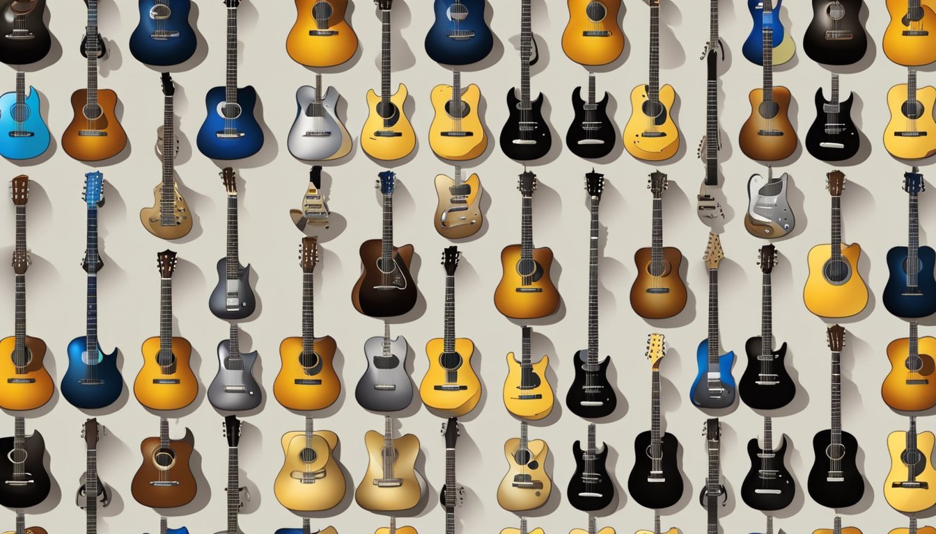 A variety of guitars, each representing a different music genre, are displayed on a wall with spotlights highlighting their unique features