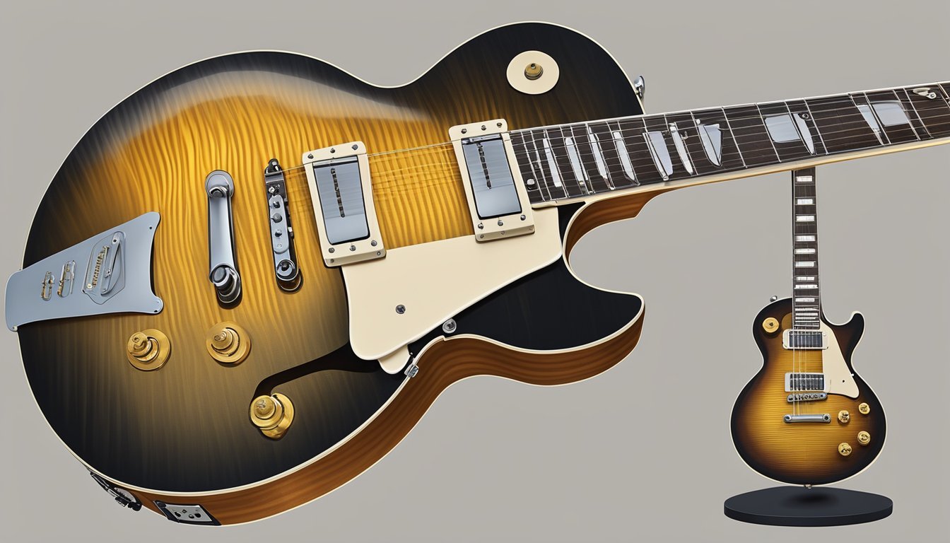 A Gibson Les Paul electric guitar with gold hardware and a distinctive sunburst finish is prominently displayed on a guitar stand