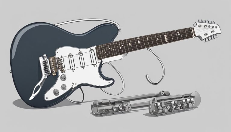 Illustration of a blue electric guitar with a unique tremolo system