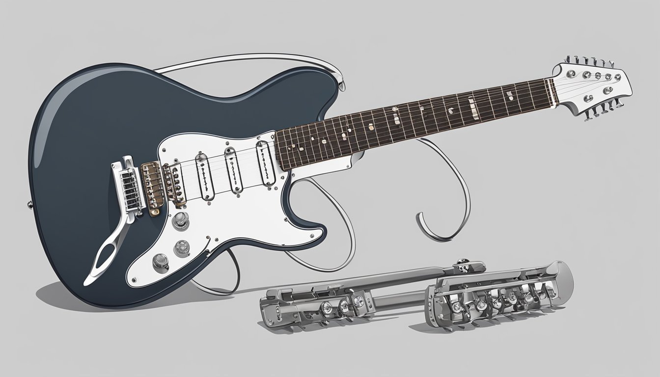 Illustration of a blue electric guitar with a unique tremolo system
