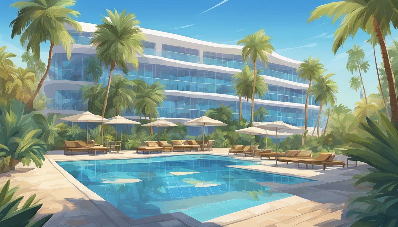 Swimming pool, lounge chairs, and palm trees in front of a hotel