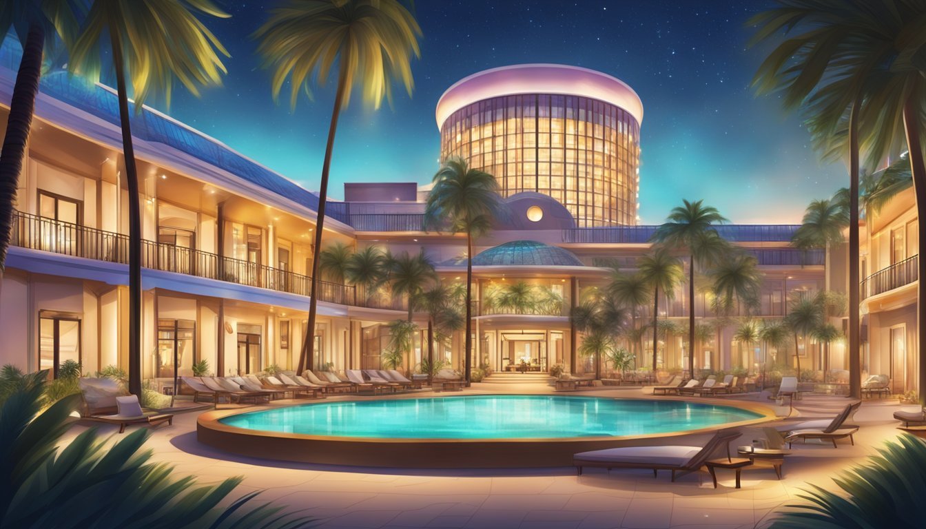 A grand guitar-shaped hotel surrounded by palm trees and sparkling lights