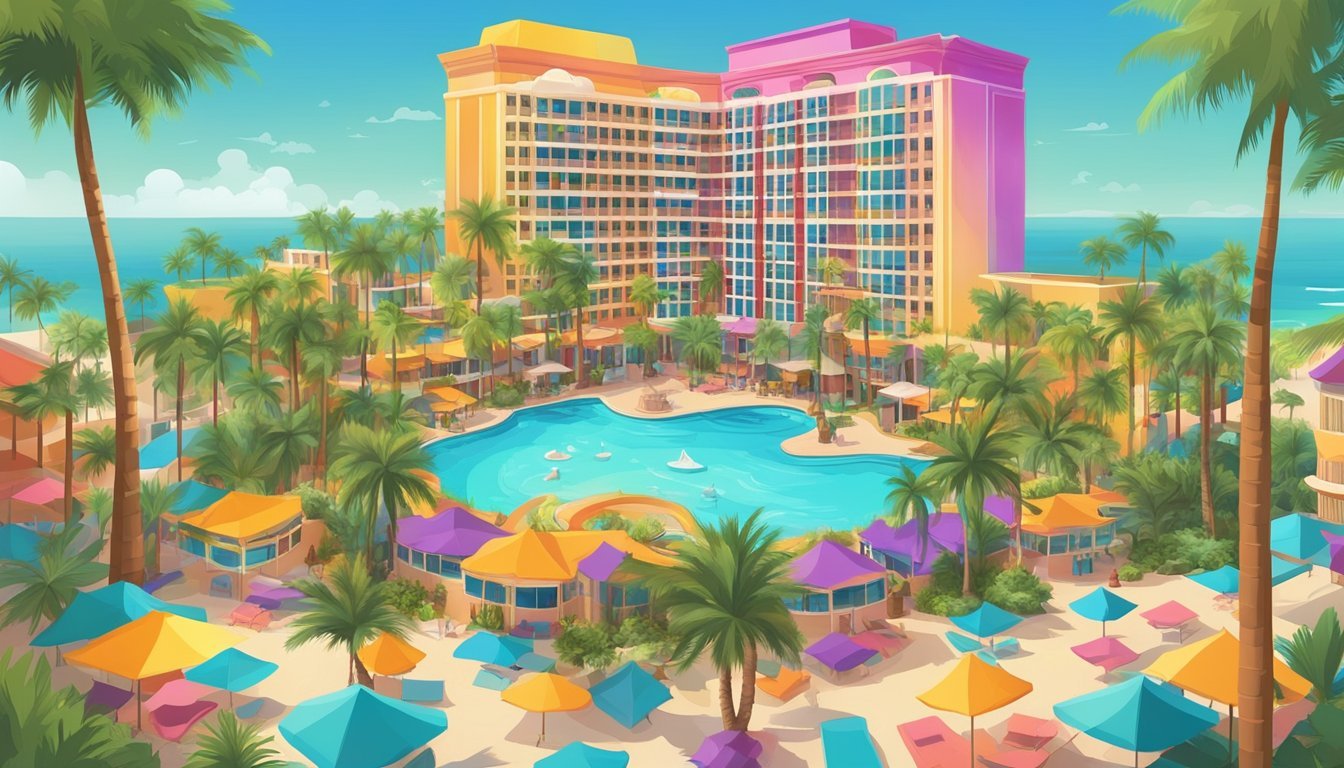 A vibrant guitar-shaped hotel stands tall among palm trees, surrounded by colorful entertainment venues and bustling dining establishments