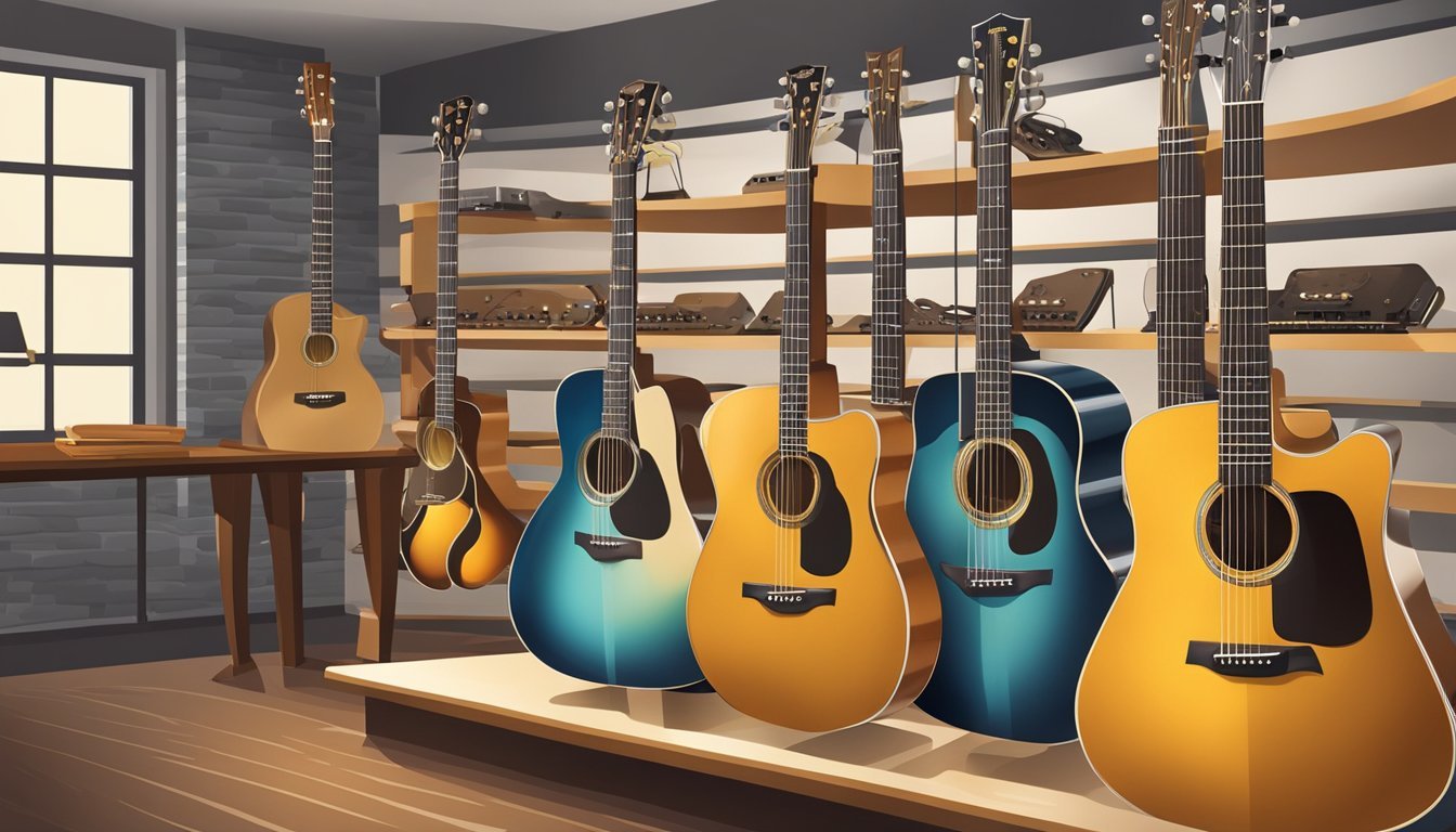Acoustic guitars of various colors displayed in a music store