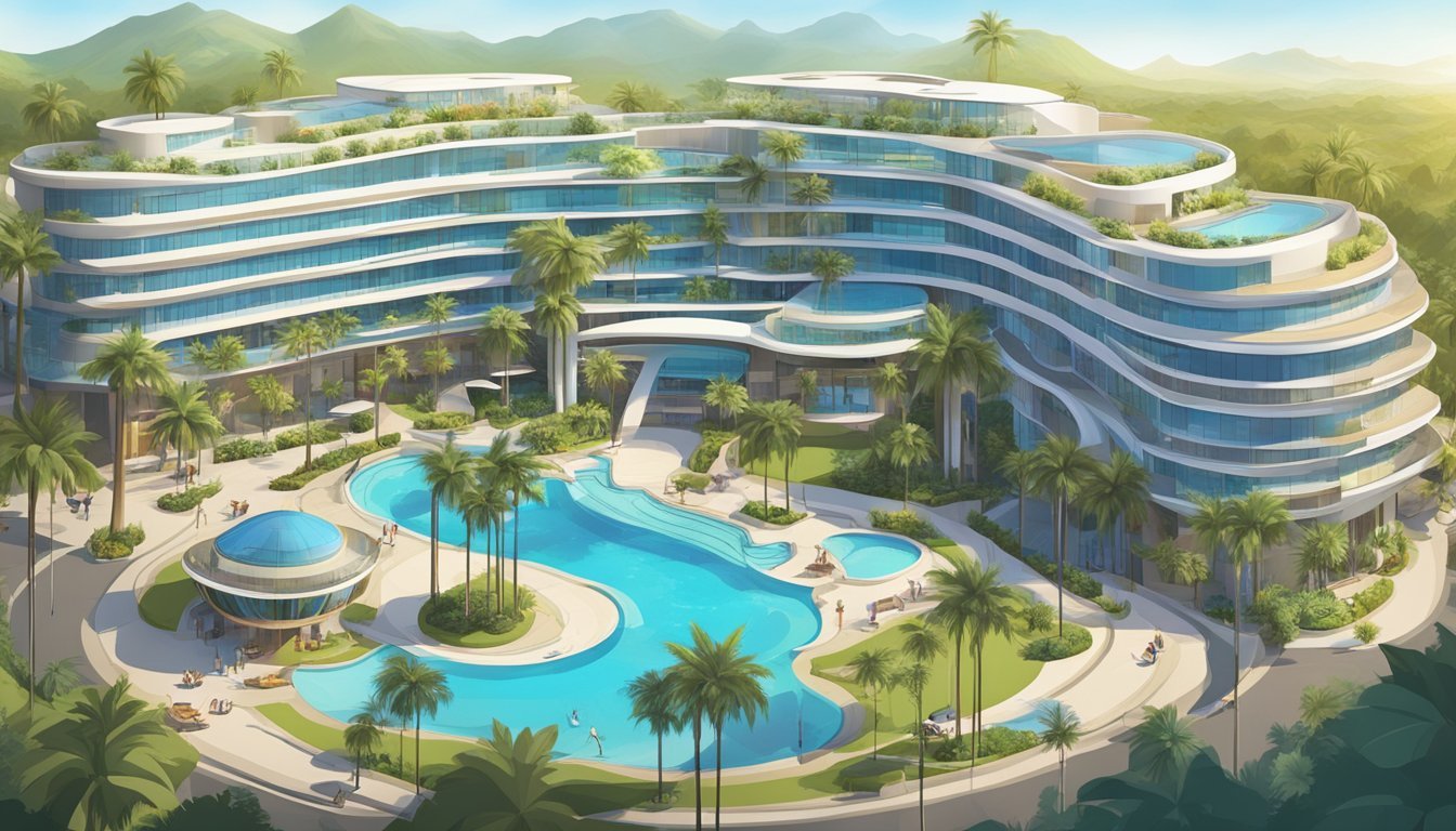 A large, modern building shaped like a guitar stands prominently in the center of a bustling resort complex.</p><p>Surrounding it are palm trees, pools, and a valet parking area