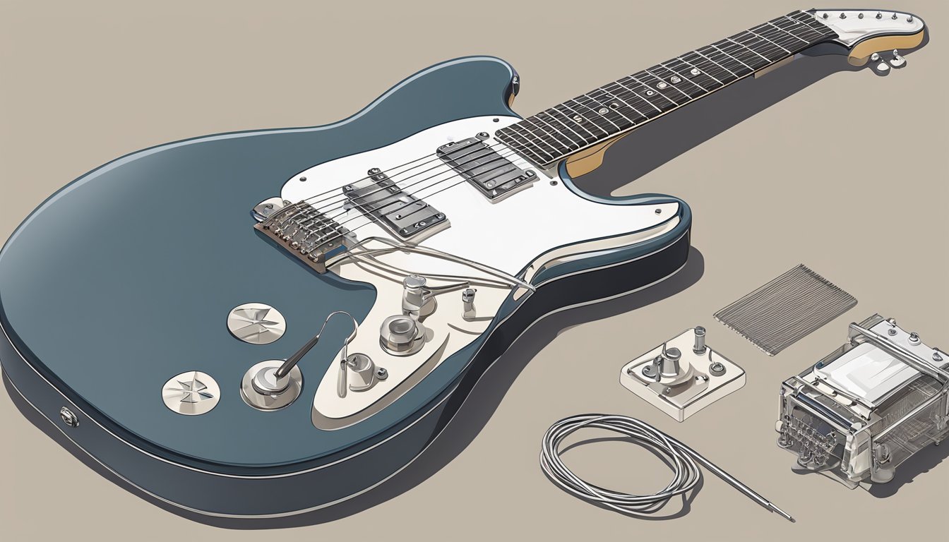 Blue electric guitar with disassembled parts on a neutral background