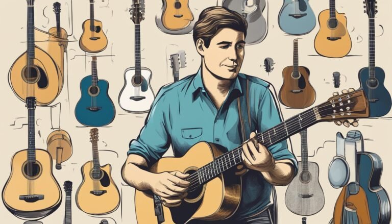 Man playing acoustic guitar with many guitars in the background