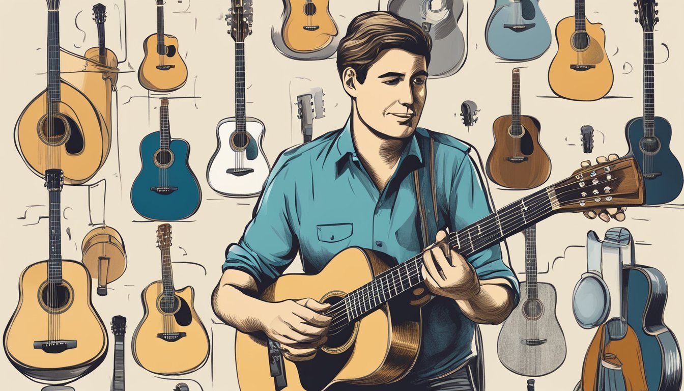 Man playing acoustic guitar with many guitars in the background