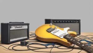 Yellow electric guitar with amplifiers and cables on a table