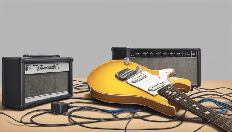 Yellow electric guitar with amplifiers and cables on a table