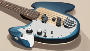 Blue electric bass guitar with wood grain accents and silver hardware