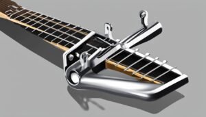 Close-up of a guitar neck with a capo on the strings