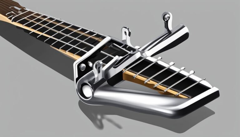 Close-up of a guitar neck with a capo on the strings
