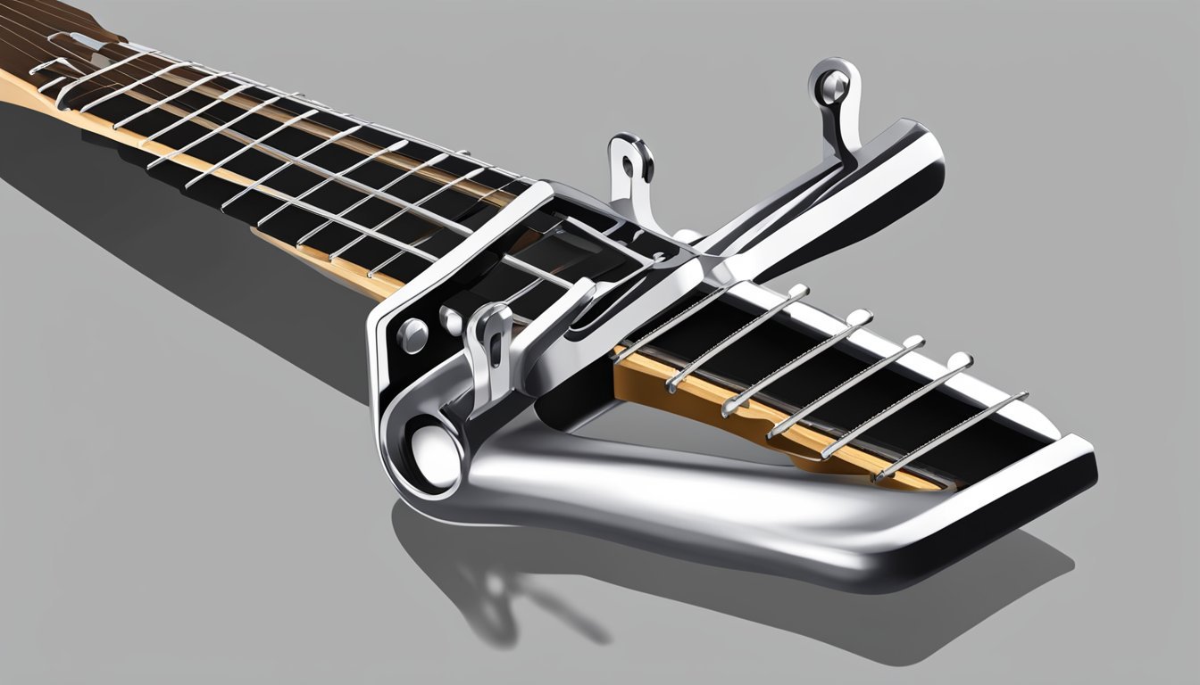 Close-up of a guitar neck with a capo on the strings