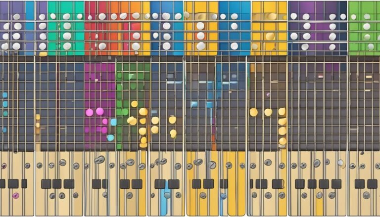 Guitar fretboard diagram with colorful notes and color-coded sections
