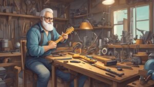 Senior craftsman in workshop building a ukulele, surrounded by tools