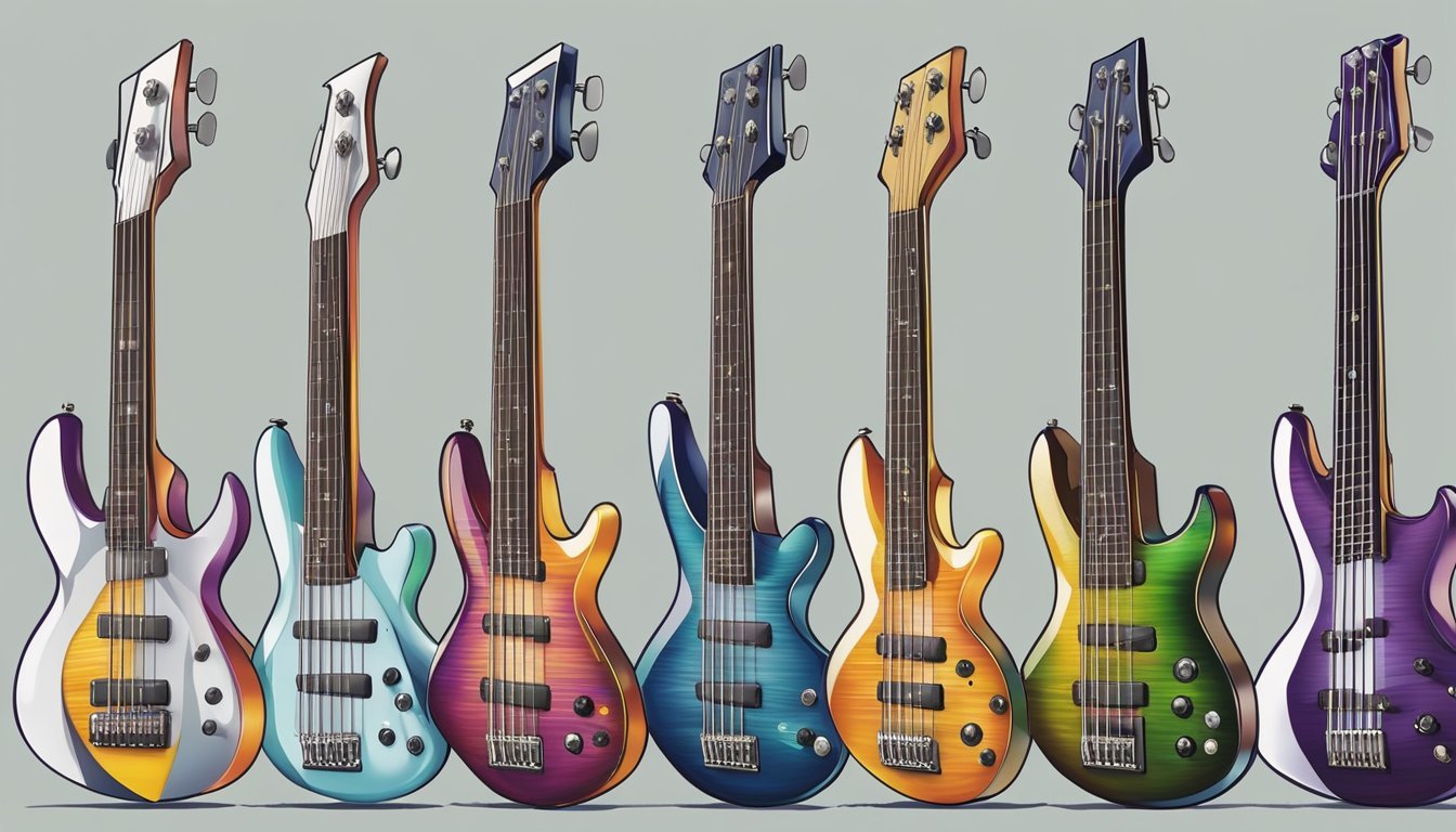 Seven colorful electric bass guitars lined up against a gray background