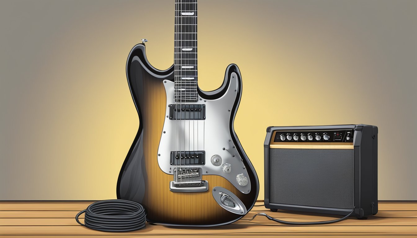 Electric guitar, amplifier, and cable on a wooden surface