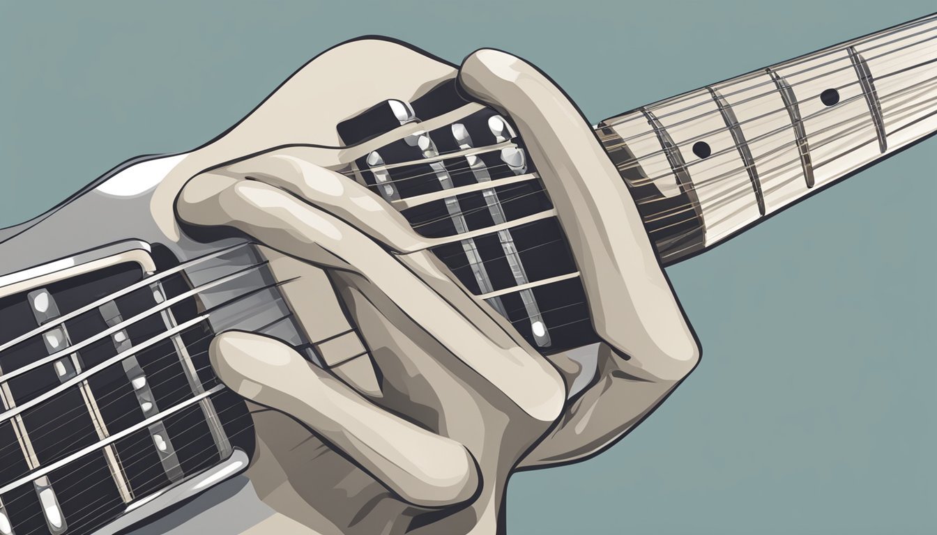 A guitar riff: fingers strumming strings, creating a dynamic melody with rhythmic patterns and varying notes