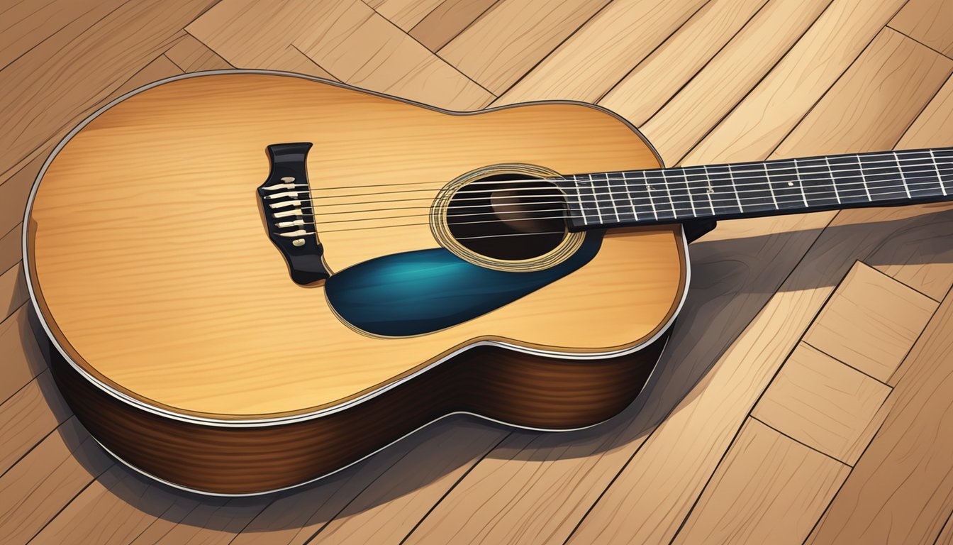 Acoustic guitar on wooden floor, close-up shot with blue pickguard