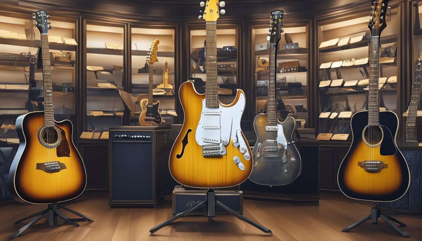Several guitars on stands in a room with bookshelves