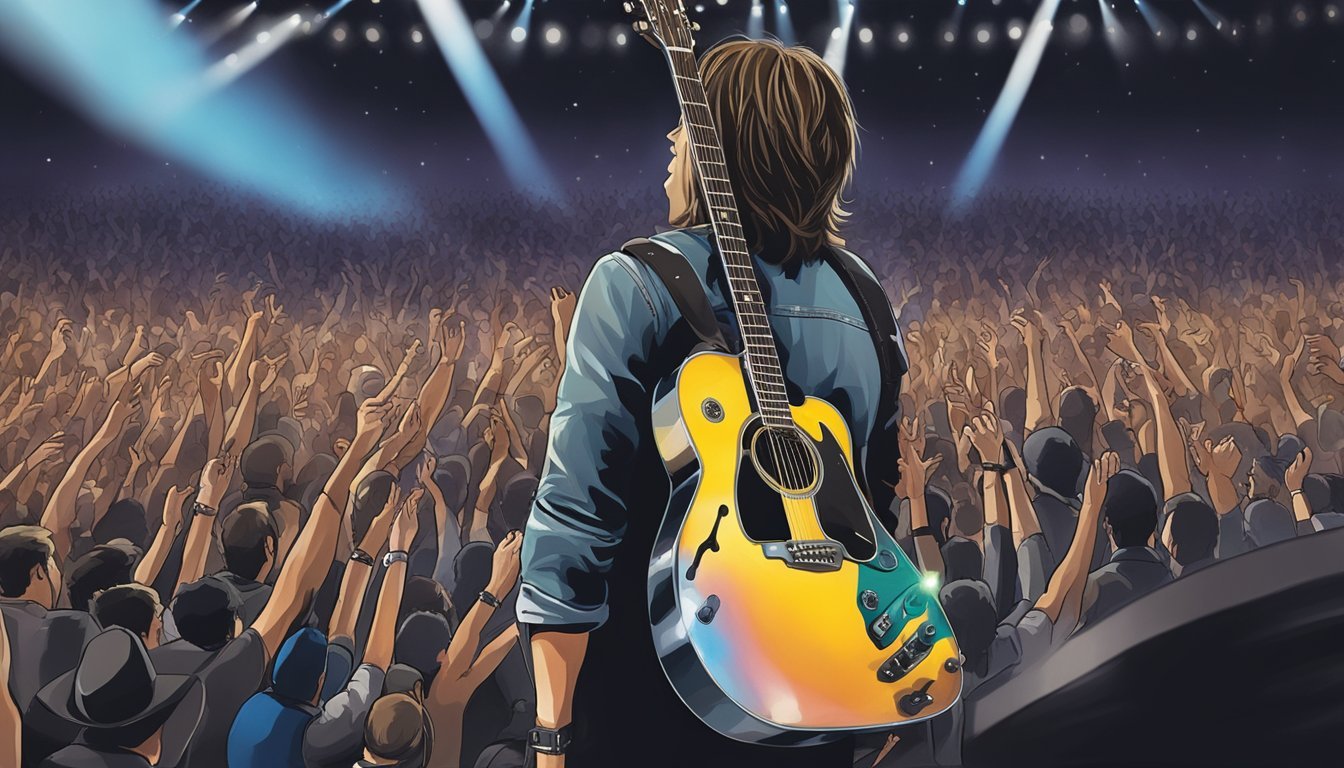 A Keith Urban guitar surrounded by spotlights on a stage, with a crowd of people admiring it and a price tag displayed prominently