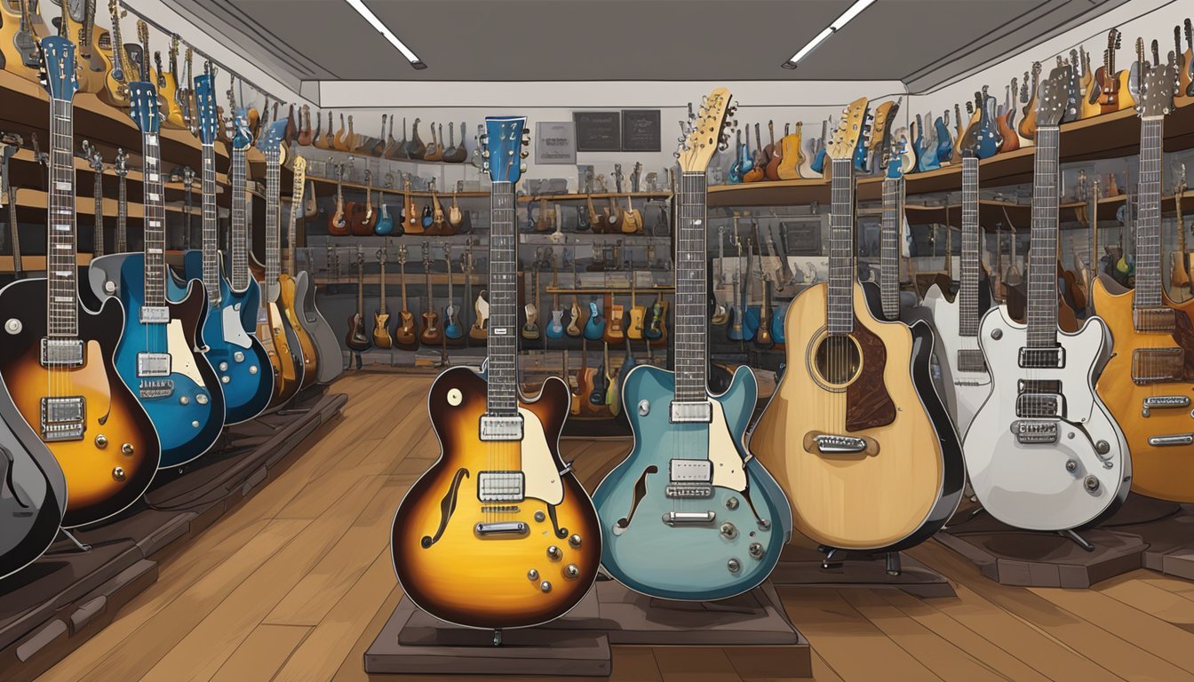 A bustling music store with rows of guitars on display, including a Keith Urban signature model.</p><p>A price tag hangs from the guitar's neck
