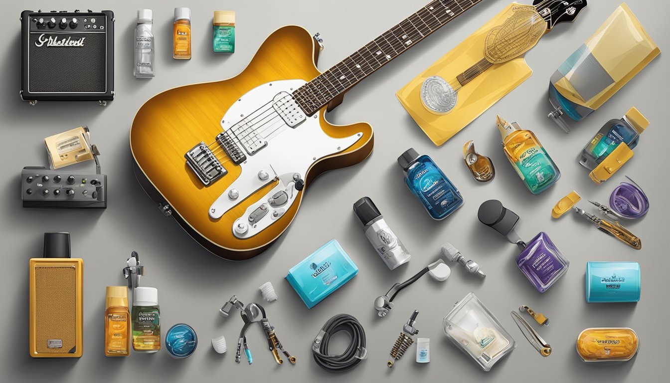 A Keith Urban guitar surrounded by various accessories and care products, displayed on a clean, well-lit surface