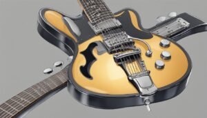 Close-up of a gold and black electric guitar with silver hardware
