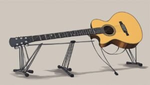 Acoustic guitar on a black metal stand against a neutral background