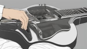 Person's hand playing a unique, double-neck electric guitar. Black and white illustration