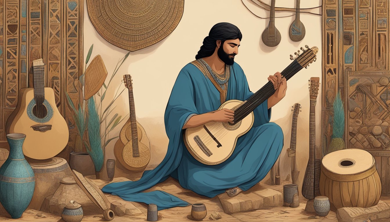A person in ancient Mesopotamia plucks a stringed instrument resembling a guitar, surrounded by early musical instruments and tools