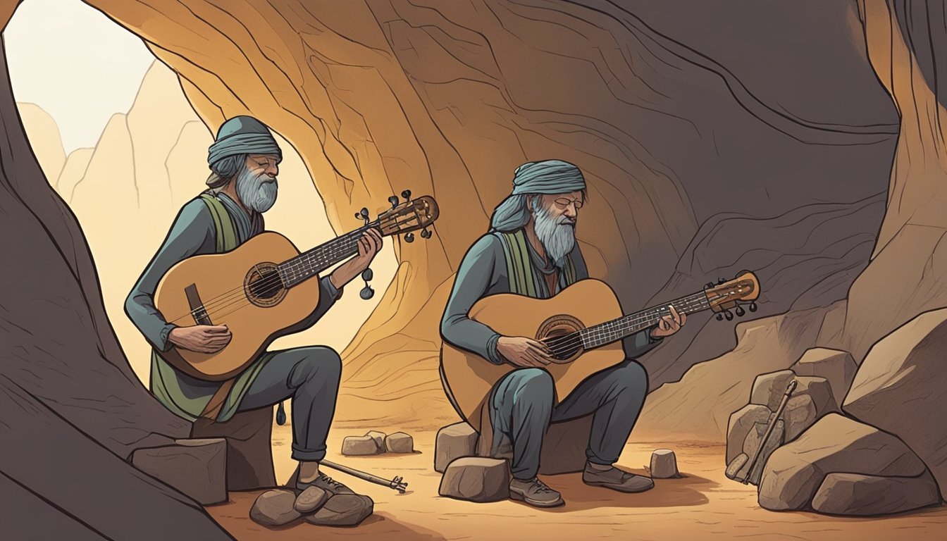 A cave-dwelling ancestor plucks a taut, stringed instrument, experimenting with sound.</p><p>Nearby, another crafts a crude version of the guitar