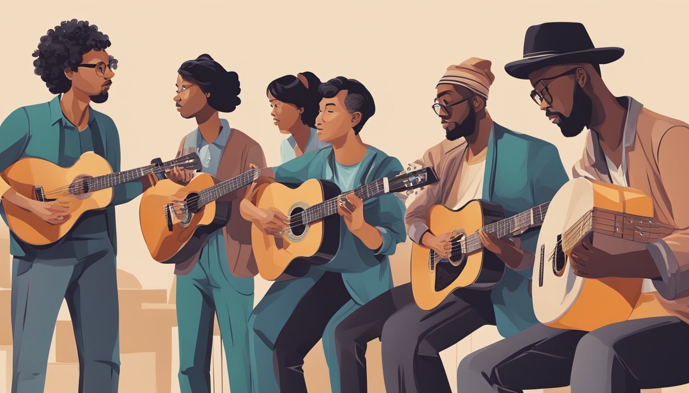 A group of people from different cultures gather around a newly invented guitar, intrigued by its potential for musical impact