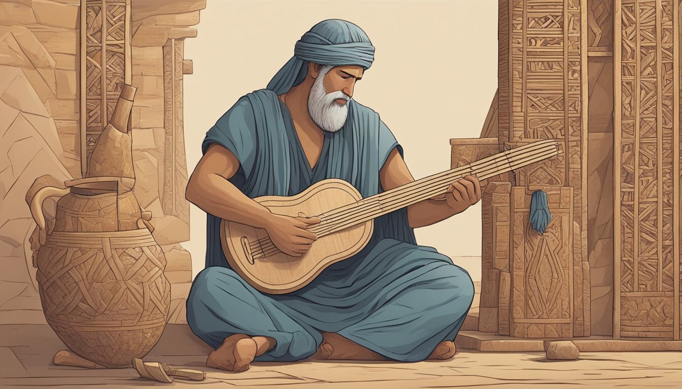 A man in ancient Mesopotamia carves a wooden instrument resembling a guitar.</p><p>He shapes the body and attaches strings, creating the first known prototype